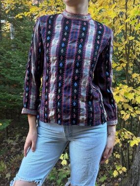 Sundance Embroidered Dobby Stripe Boho Mock Neck Top Blouse - XS